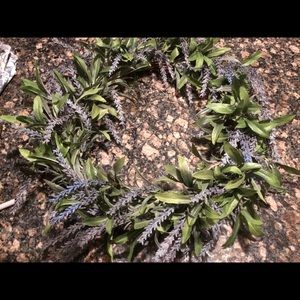 Wreath plastic blue flowers, green leaves